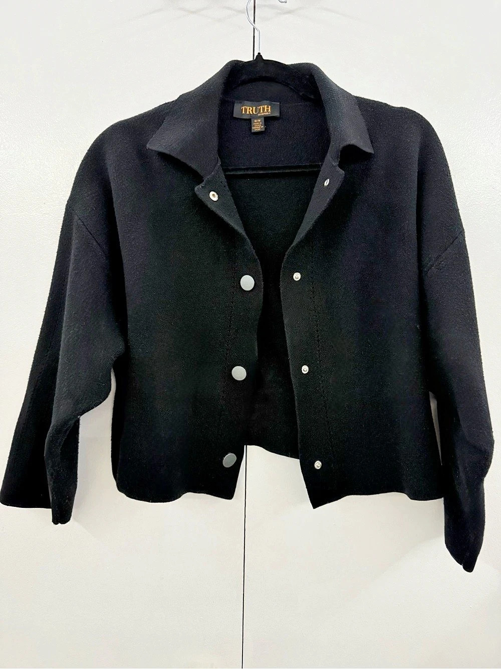 Minimalist Black Cropped Collared Snap Button Jacket